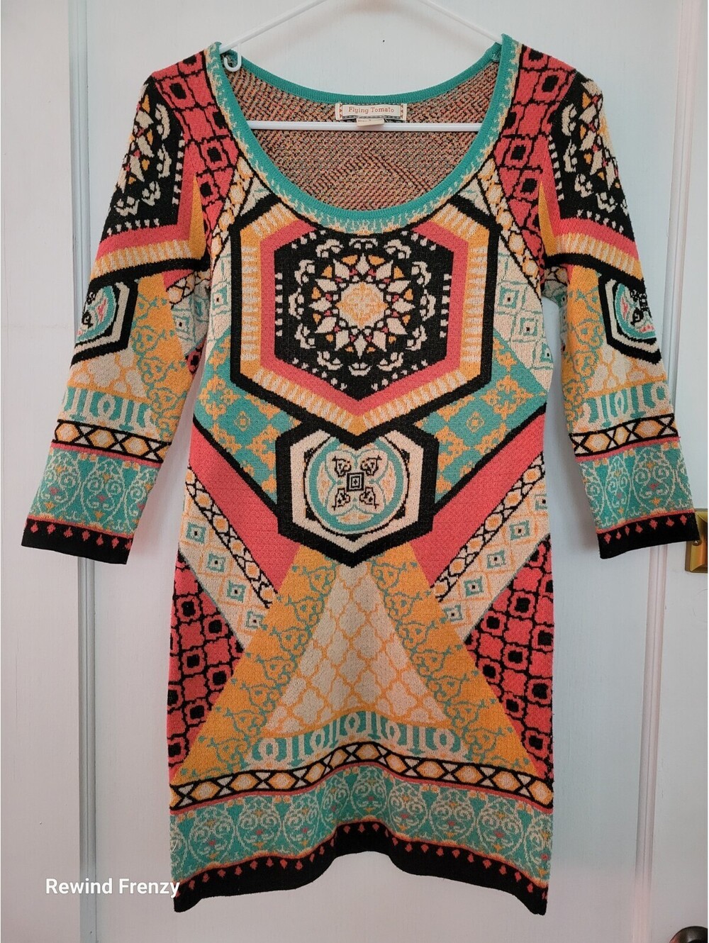 Flying Tomato Womens Sweater Dress Multicolor Geometric 3/4 Sleeves Scoop Neck S